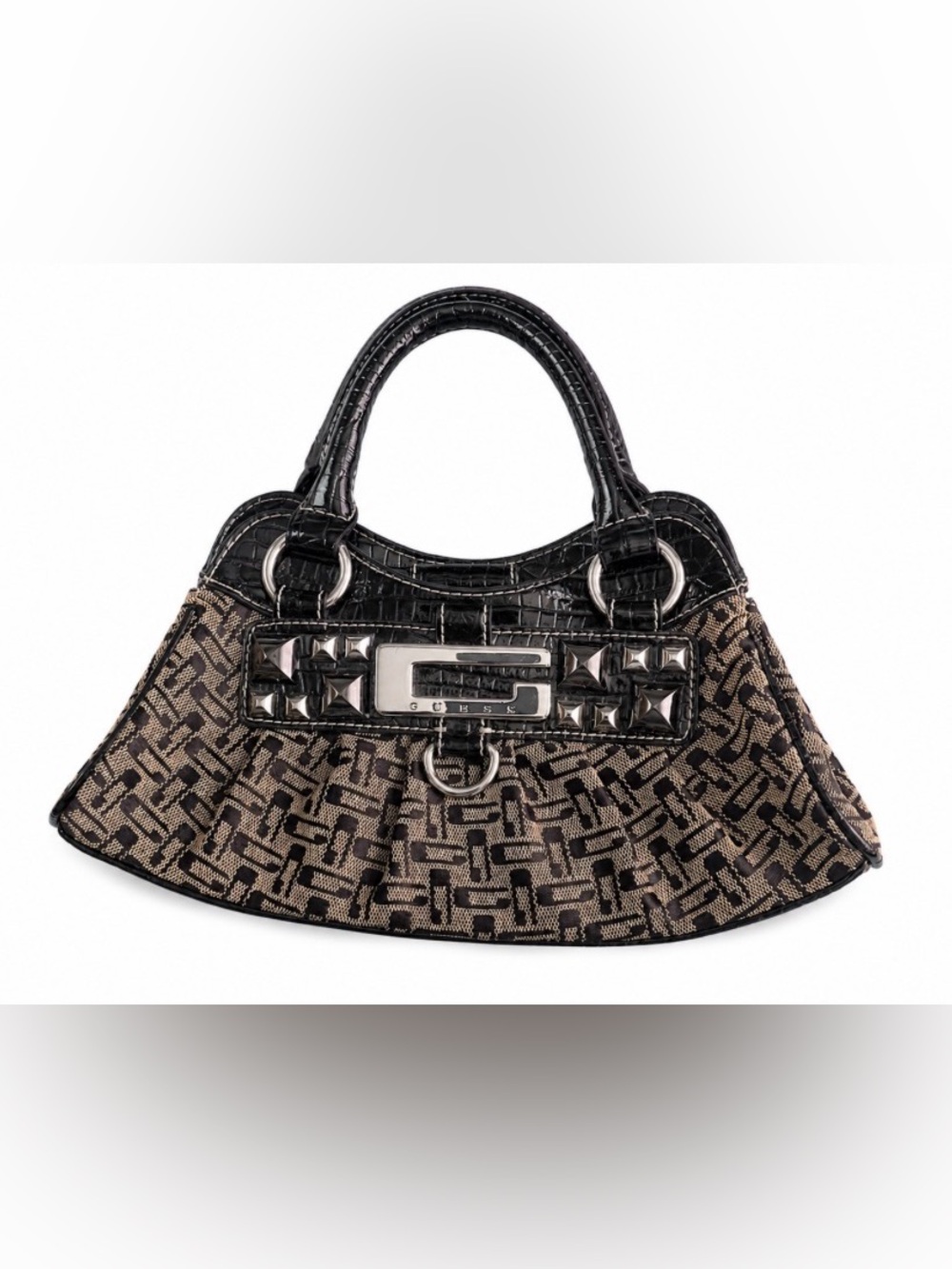 Guess Black Faux-Croc Trim Logo-Print Satchel with Silver Hardware in
